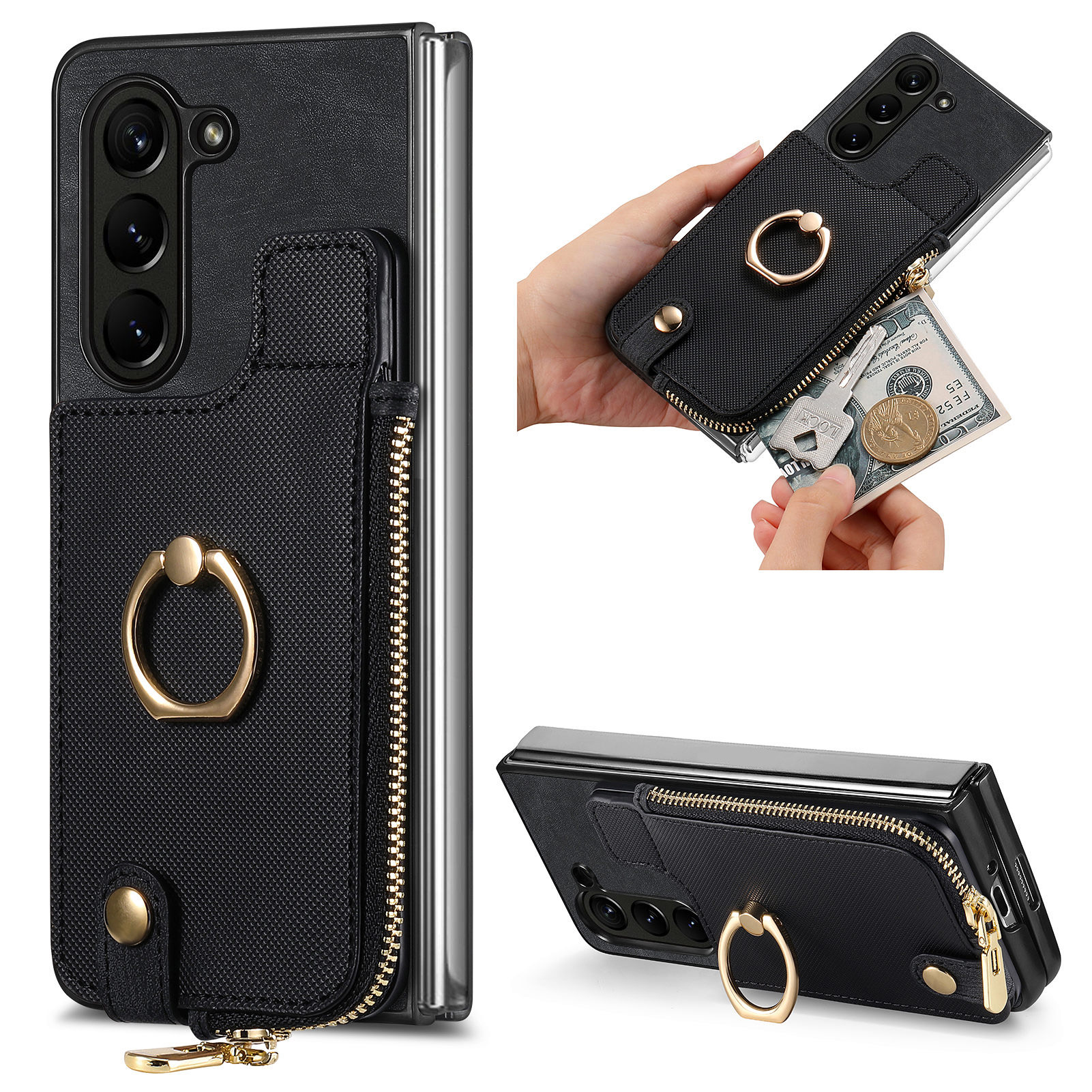 

Retro Reißverschluss Brieftaschenhülle Für Samsung Galaxy Z Fold5 5G PU+PC Rotierender Ring -kickstand -telefon Shell - Schwarz, Galaxy Z Fold5 5G