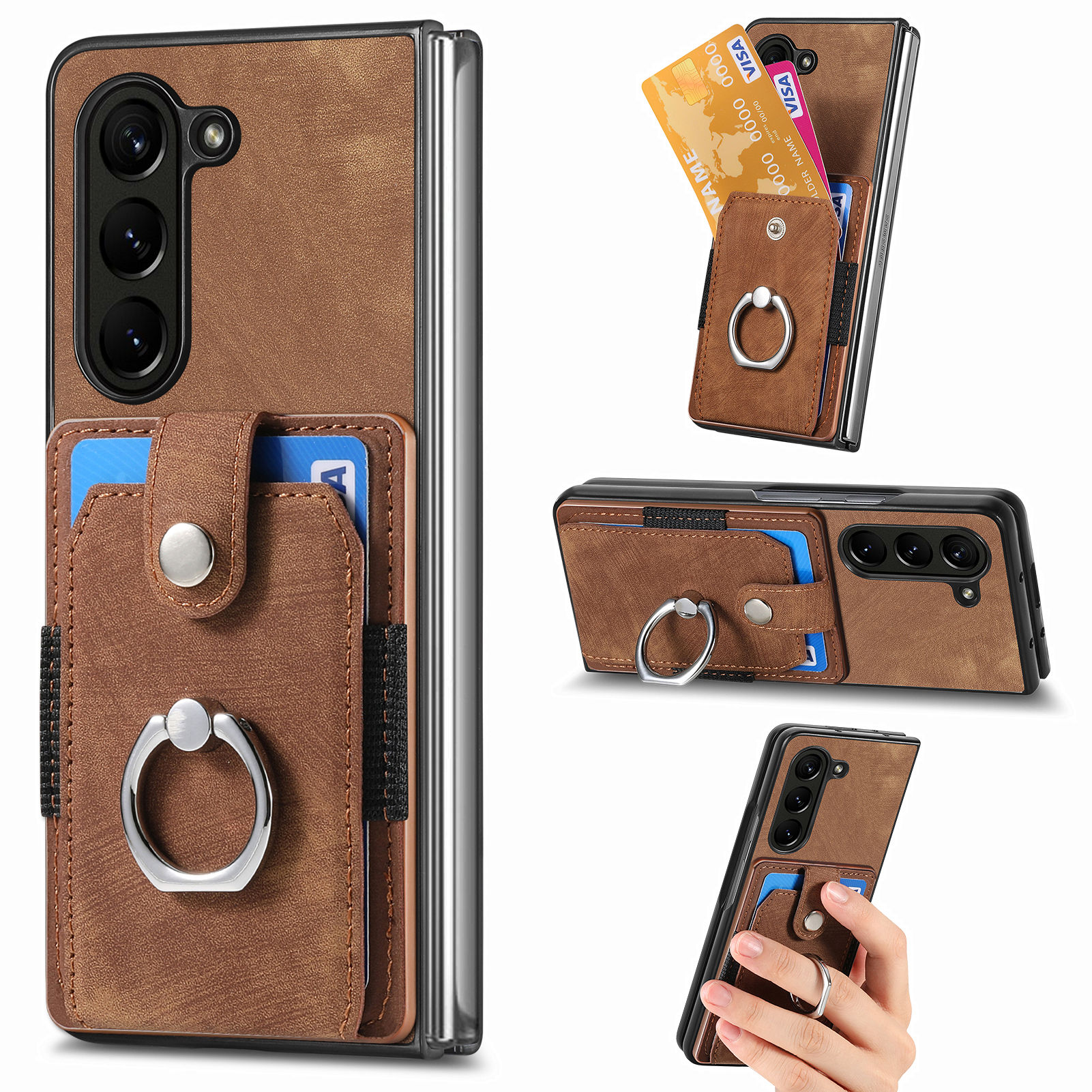 

Kartenhalter Telefonhülle Für Samsung Galaxy Z Fold5 5G Retro PU+PC Rotierender Ring -kickstand -telefonschutz - Braun, Galaxy Z Fold5 5G