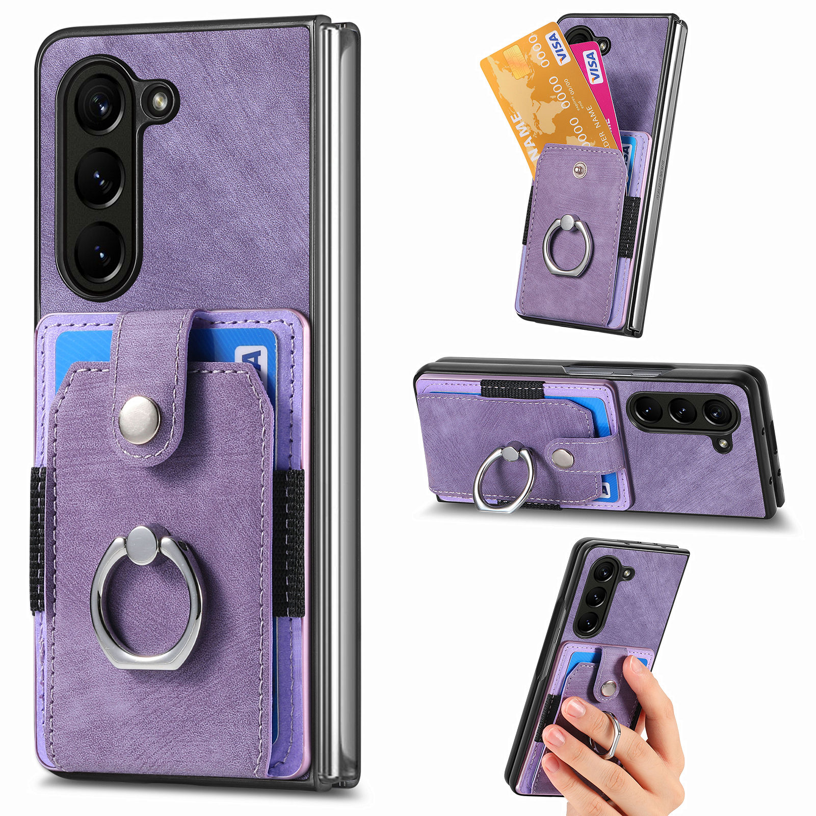 

Kartenhalter Telefonhülle Für Samsung Galaxy Z Fold5 5G Retro PU+PC Rotierender Ring -kickstand -telefonschutz - Lila, Galaxy Z Fold5 5G