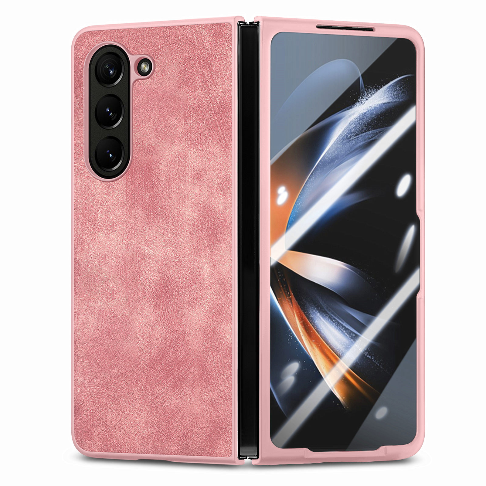 

Für Samsung Galaxy Z Fold5 5G PU Lederbeschichtete PC Vintage Phone Hülle Skin-touch-faltabdeckung Mit Temperamentvollem Glasfilm - Rosa, Galaxy Z Fold5 5G