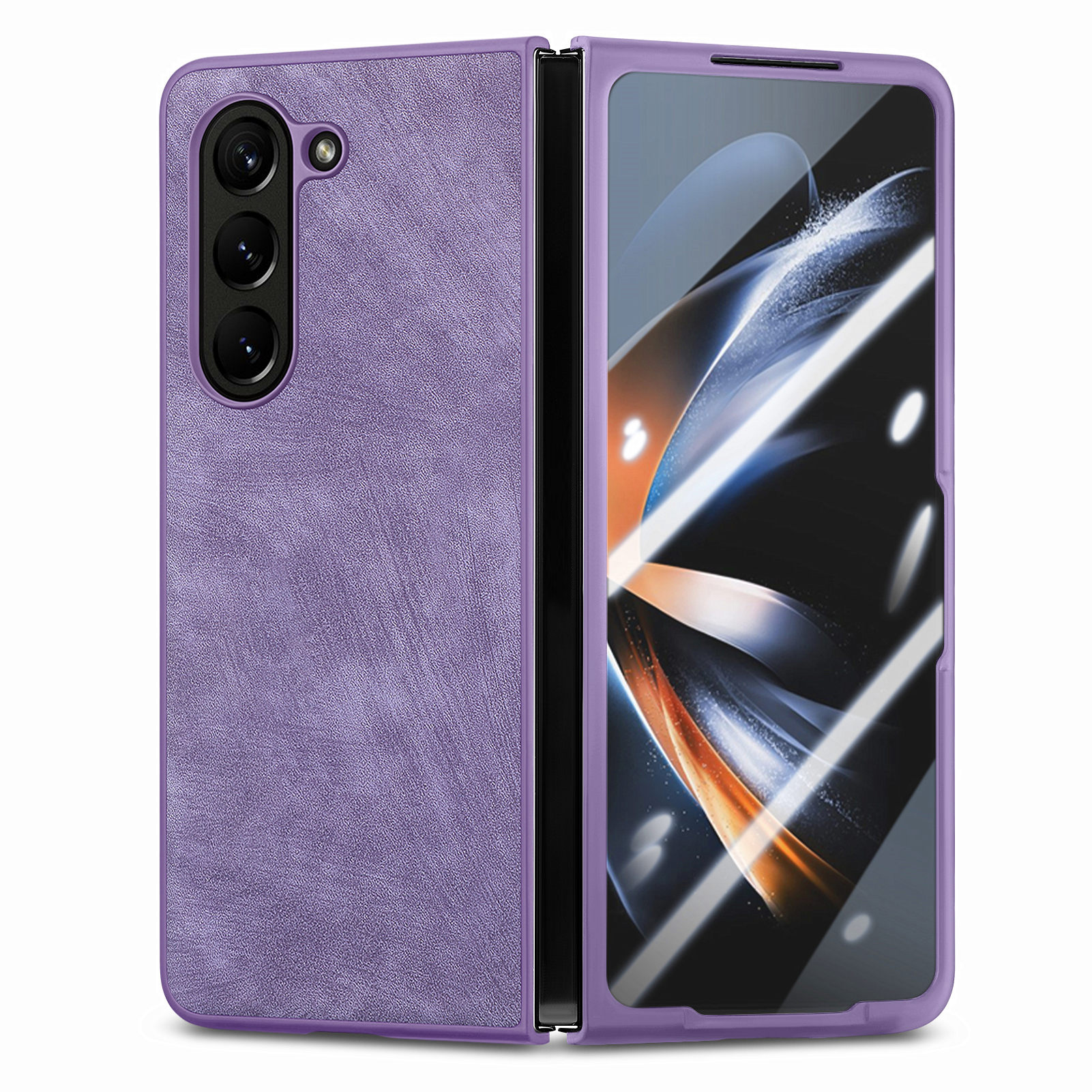 

Für Samsung Galaxy Z Fold5 5G PU Lederbeschichtete PC Vintage Phone Hülle Skin-touch-faltabdeckung Mit Temperamentvollem Glasfilm - Lila, Galaxy Z Fold5 5G