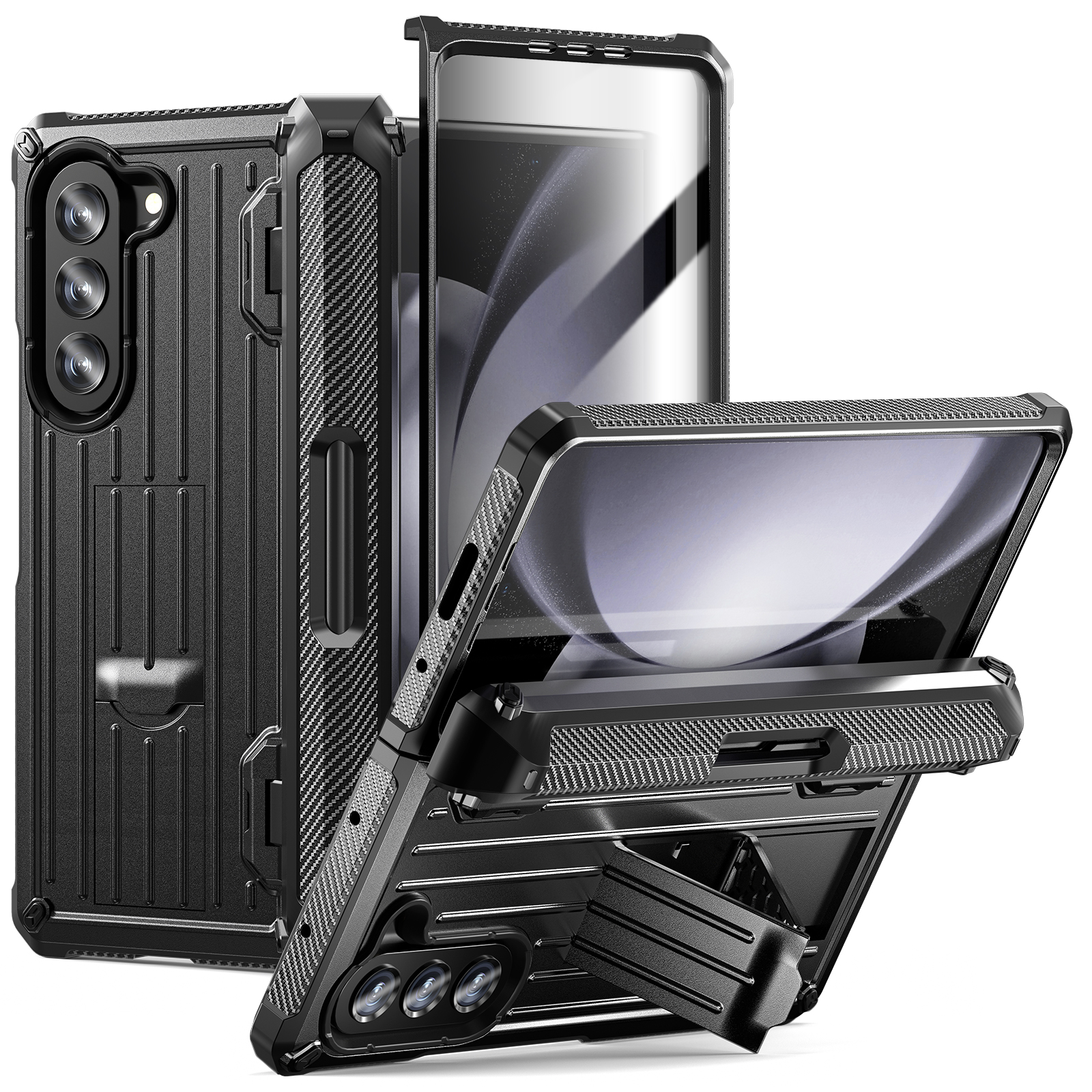 

Für Samsung Galaxy Z Fold5 5G Stifthalter Scharnierschutz Folding Hülle PC+TPU -kickstand -telefonabdeckung Mit PET -bildschirm Beschützer - Schwarz, Galaxy Z Fold5 5G