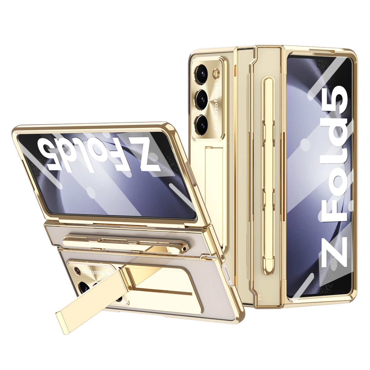 

Für Samsung Galaxy Z Fold5 5G Kickstand -telefonhülle PC -faltabdeckung Mit Temperaturglas Film+Stylus Pen - Gold, Galaxy Z Fold5 5G