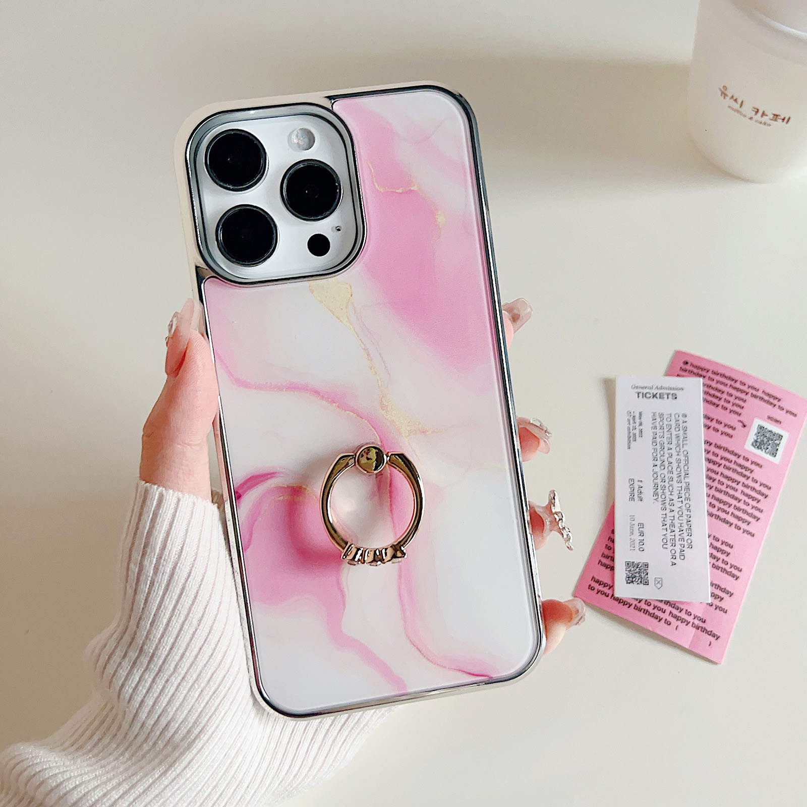 

PC+TPU Rückabdeckung Für Iphone 15 Pro Max, Ring -kickstand Elektroplierendes Marmormuster Telefonfall - Stil E, iPhone 15 Pro Max