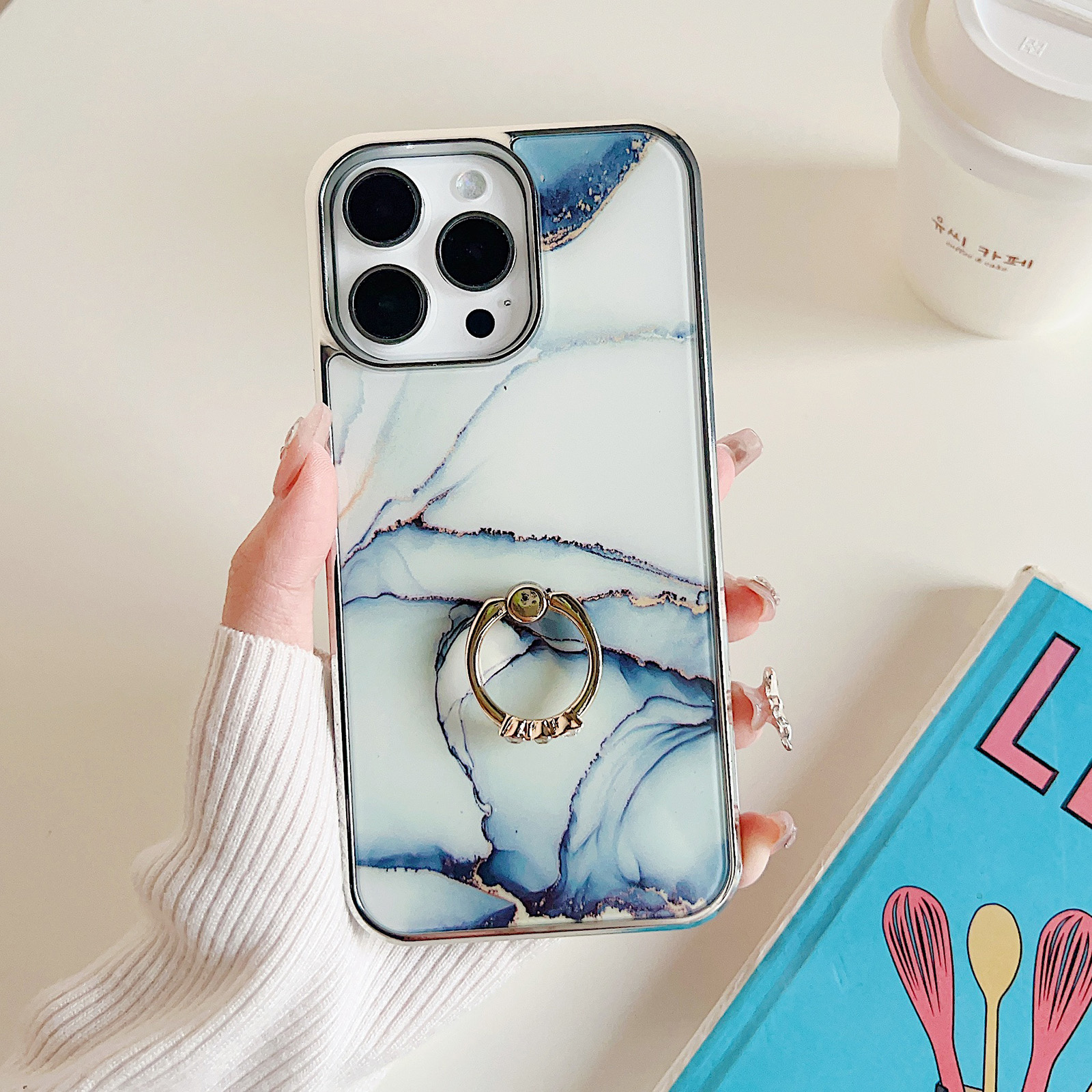

PC+TPU Rückabdeckung Für Iphone 15 Pro Max, Ring -kickstand Elektroplierendes Marmormuster Telefonfall - Stil J, iPhone 15 Pro Max