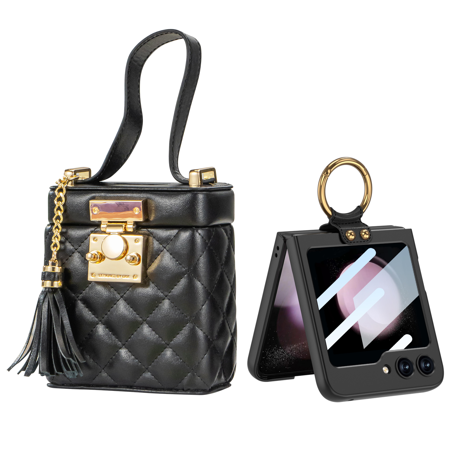 

GKK Für Samsung Galaxy Z Flip5 5G Metallringhalter PC Phone Hülle Temperiertes Glasschildfilm Mit Lederkettenbeutel - Schwarz, Galaxy Z Flip5 5G