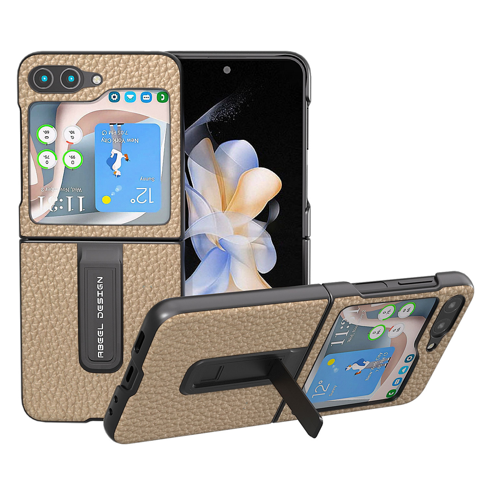 

ABEEL Für Samsung Galaxy Z Flip5 5G Kickstand -telefonhülle Echte Kuhleder + PC Litchi Texturschutz Covrer - Khaki, Galaxy Z Flip5 5G