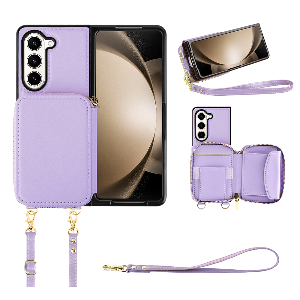 

RFID -blockierungsbrieftaschenhülle Für Samsung Galaxy Z Fold5 5g, PU Leder + TPU Kickstand Hülle Mit Langer / Kurzes Riemen - Lila, Galaxy Z Fold5 5G