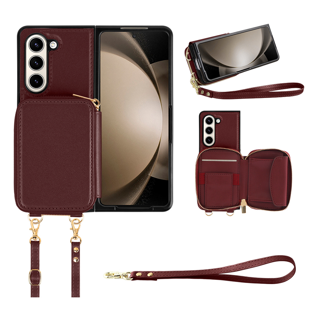

RFID -blockierungsbrieftaschenhülle Für Samsung Galaxy Z Fold5 5g, PU Leder + TPU Kickstand Hülle Mit Langer / Kurzes Riemen - Weinrot, Galaxy Z Fold5 5G