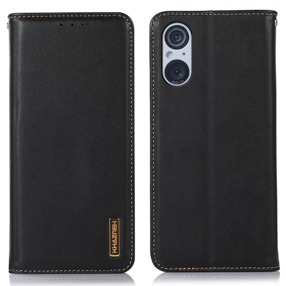 

Khazneh Für Sony Xperia 5 V Echte Kuh Leder -telefonhülle RFID Blocking Wallet Stand Cover - Schwarz, Xperia 5 V