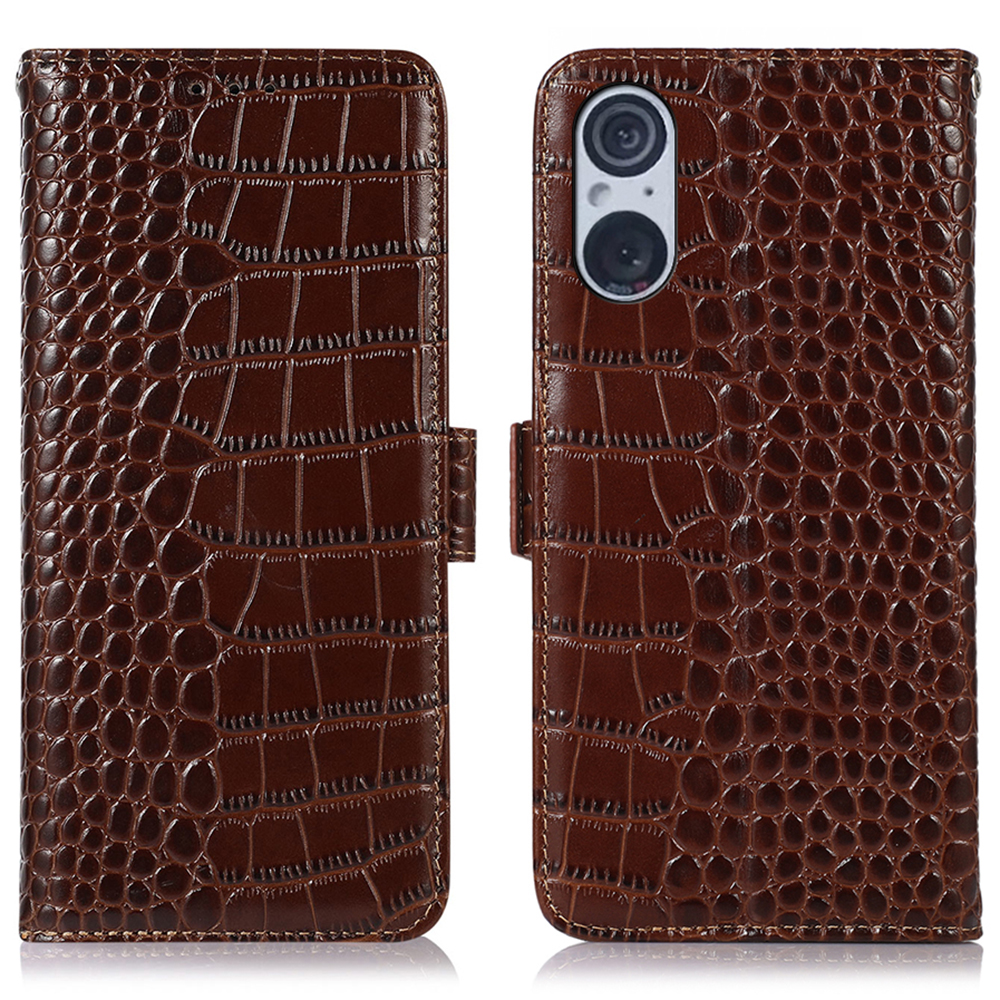 

RFID -blockierungsbrieftasche Hülle Für Sony Xperia 5 V Echtes Kuh Leder Flip Ständer Telefonabdeckung - Braun, Xperia 5 V