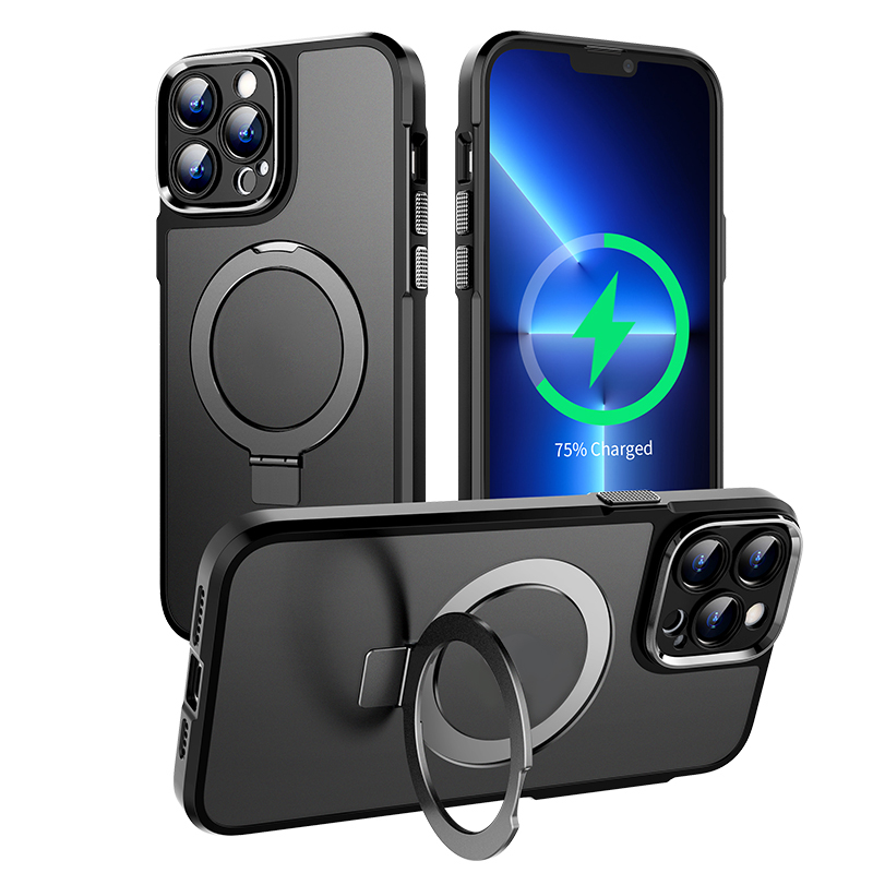 

Matte Schutzhülle Für Iphone 15 Pro Magnetic Ring Kickstand PC+TPU -telefonabdeckung - Schwarz, iPhone 15 Pro