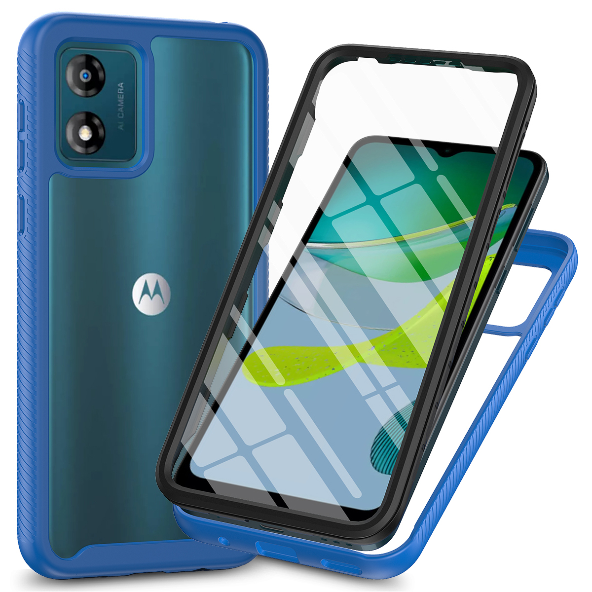

Für Motorola Moto E13 4G 3-in-1 Full Protection Phone Case Tpu+pc-rückseite Mit Pet-screenfilm - Dunkelblau, Motorola Moto E13 4G