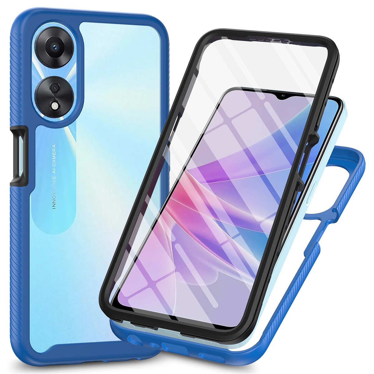 

Für Oppo A78 5G Impact Resistant Phone Deckung 3-in-1-pc+tpu-hülle Mit Pet-screen-beschützer - Dunkelblau, Oppo A78 5G