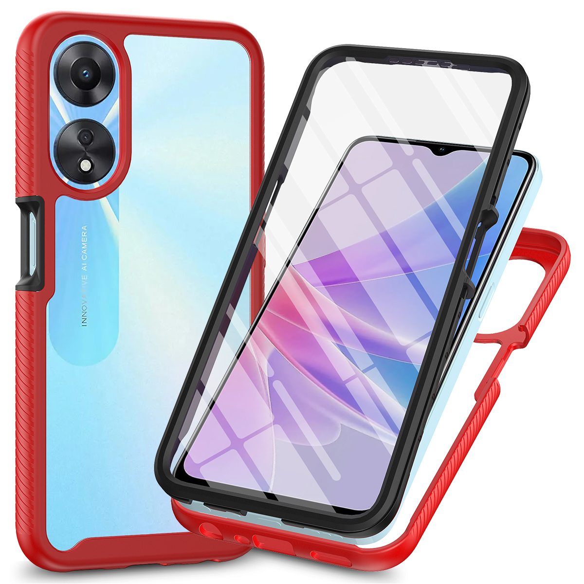 

Für Oppo A78 5G Impact Resistant Phone Deckung 3-in-1-pc+tpu-hülle Mit Pet-screen-beschützer - Rot, Oppo A78 5G