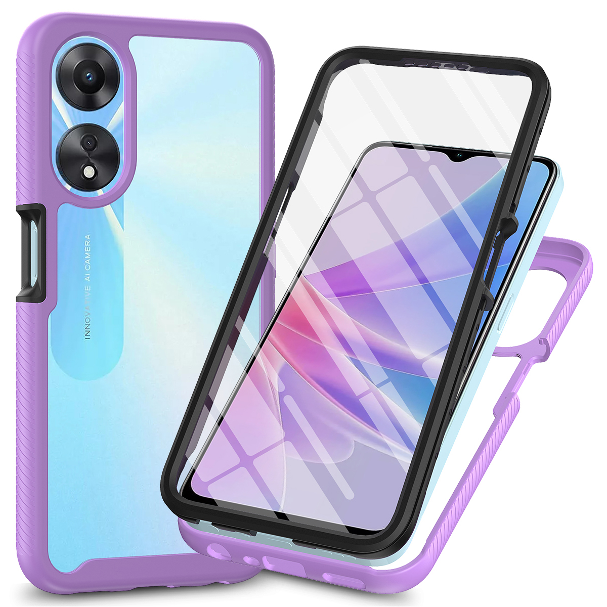 

Für Oppo A78 5G Impact Resistant Phone Deckung 3-in-1-pc+tpu-hülle Mit Pet-screen-beschützer - Lila, Oppo A78 5G