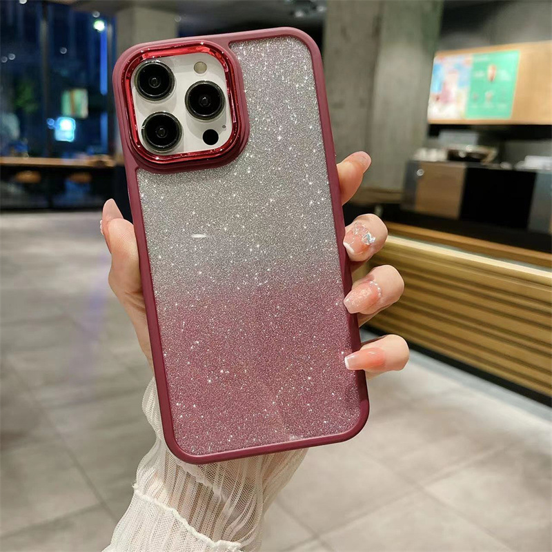 For iPhone 15 Plus Gradient Glitter Bling Case Hard Acrylic Soft TPU Shockproof Phone Cover - Wine Red