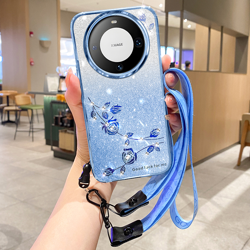 

Für Huawei Mate 60 Pro Strash Decor Phone Hülle Blumenglitter -gradient TPU -abdeckung Mit Riemen - Blau, Huawei Mate 60 Pro