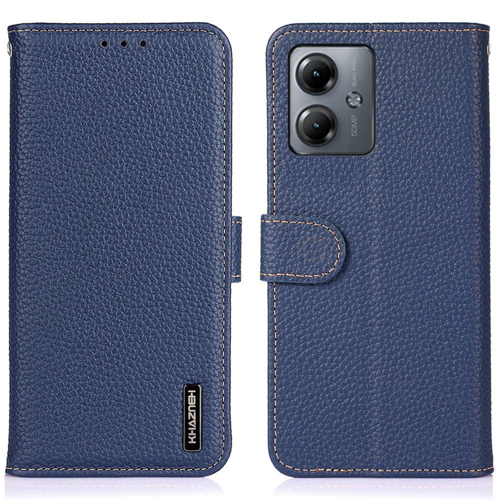 

Khazneh Für Motorola Moto G14 4G Litchi Texture Telefon Brieftasche Echtes Kuhleder -ständer Cover - Blau, Motorola Moto G14 4G