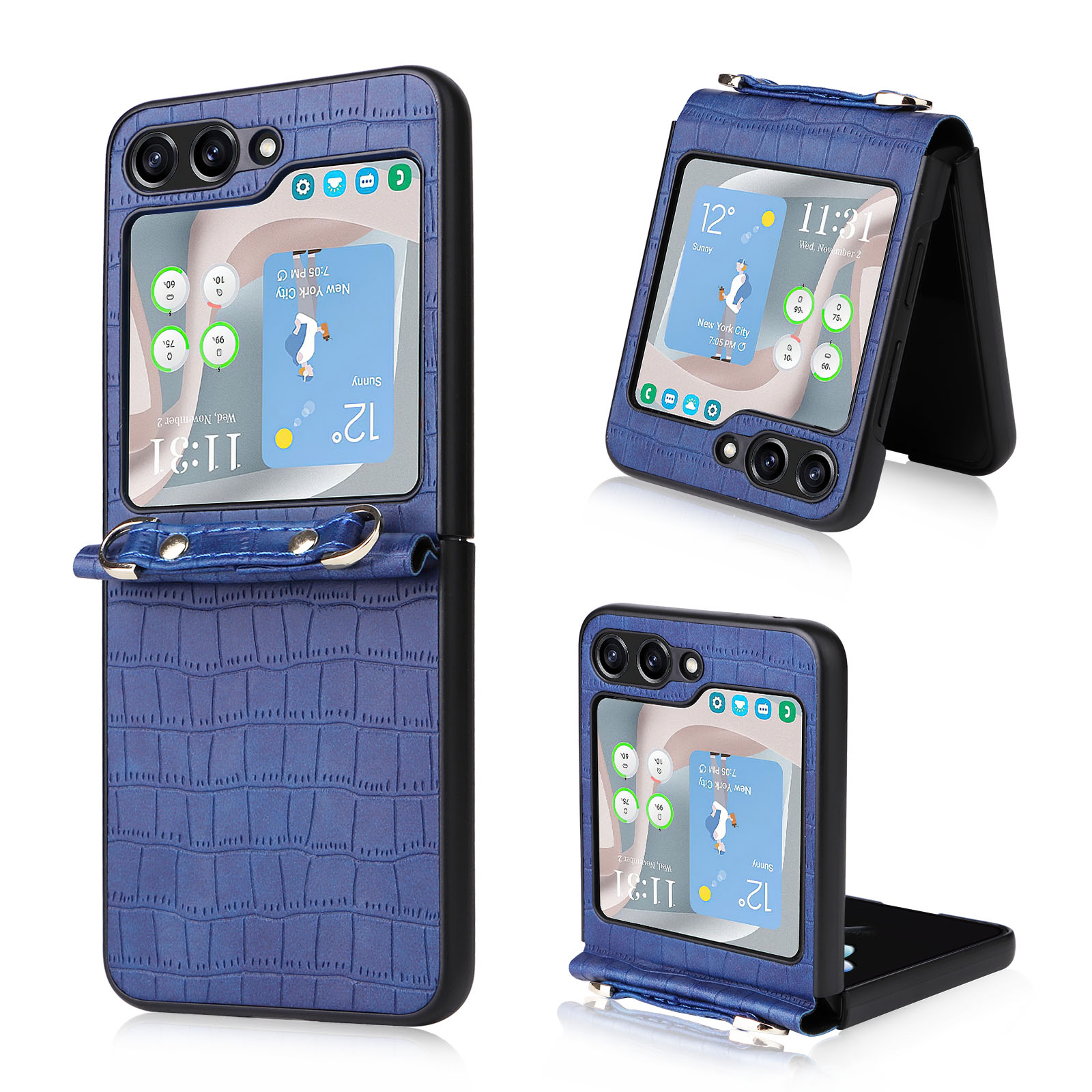 

Einteilige PC + Pu-telefonhülle Für Samsung Galaxy Z Flip5 5G Crocodile Textur Kickstand Cover Mit Handgelenkriemen - Blau, Galaxy Z Flip5 5G