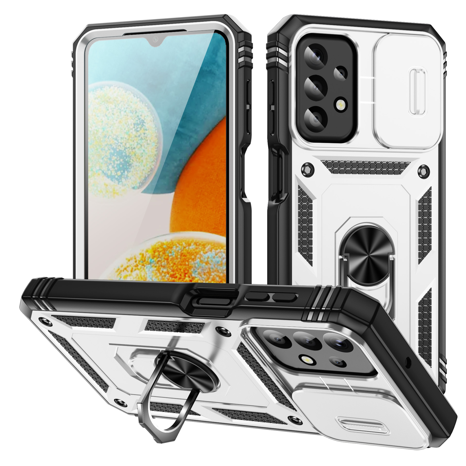 

Für Samsung Galaxy A23 4G / 5G (globale Version) PC+TPU -kickstand -hülle -telefonschale Mit Schiebkamerasabdeckung - Weiß+schwarz, Galaxy A23 4G