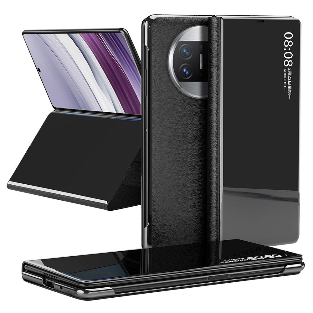 

Spiegeloberflächenansichtsfenster Telefonfall Für Huawei Mate X5, Ständer Elektroplierend Echte Kuhlederabdeckung - Schwarz, Huawei Mate X5
