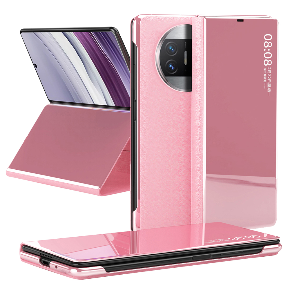 

Spiegeloberflächenansichtsfenster Telefonfall Für Huawei Mate X5, Ständer Elektroplierend Echte Kuhlederabdeckung - Rosa, Huawei Mate X5