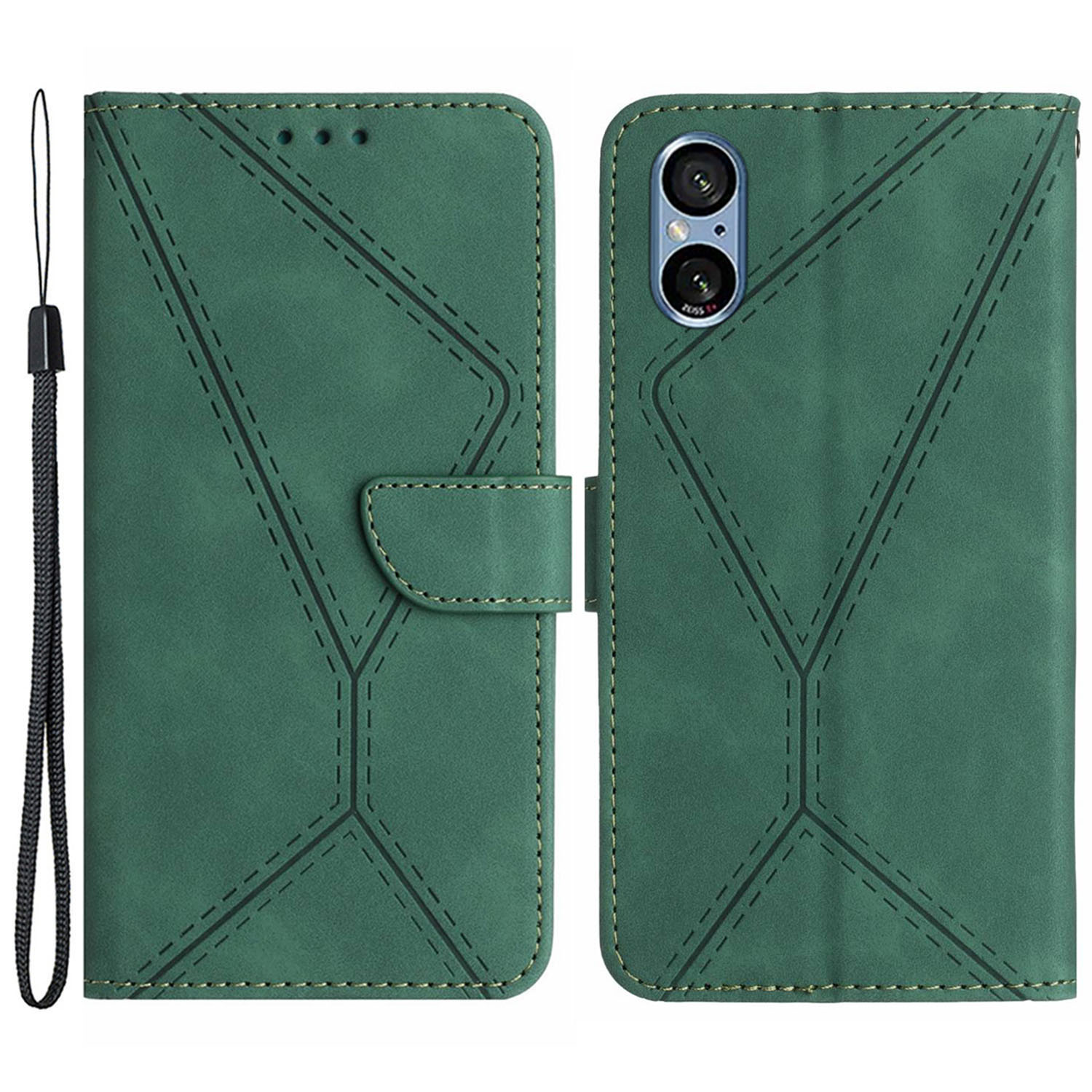 

HT05 Für Sony Xperia 5 V ge Eingedruckte Linie Phone Cover Wallet Stand PU Leder Telefonhülle - Grün, Xperia 5 V