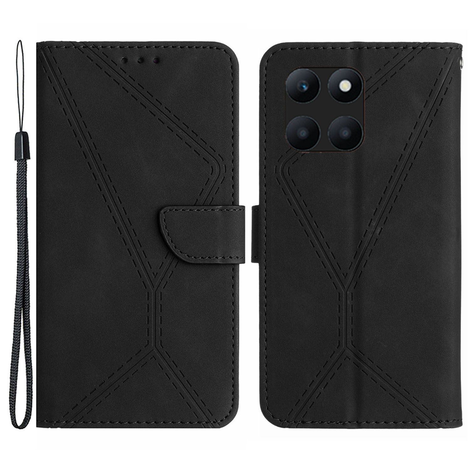 

HT05 Für Ehren X6a 4G Wallet Telefonhülle PU Leder Eingeprägter Line Ständer Telefonabdeckung - Schwarz, Honor X6a 4G
