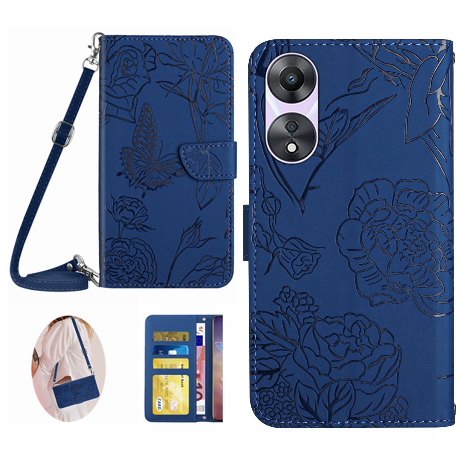 

HT03 Für Oppo A58 4G PU Leder Brieftasche Hülle Gedruckter Telefonständer Mit Schultergurt - Blau, Oppo A58 4G
