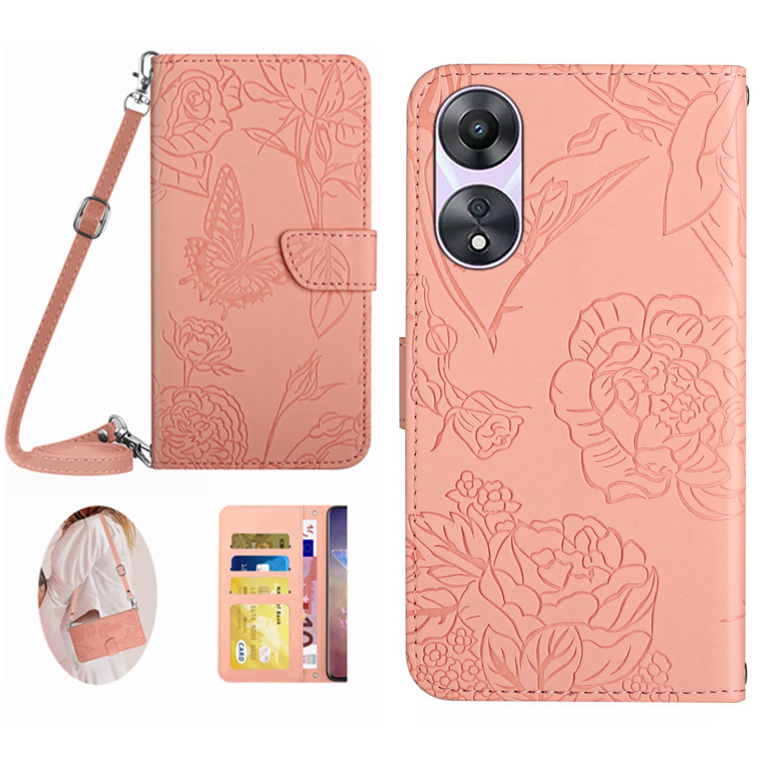 

HT03 Für Oppo A58 4G PU Leder Brieftasche Hülle Gedruckter Telefonständer Mit Schultergurt - Rosa, Oppo A58 4G
