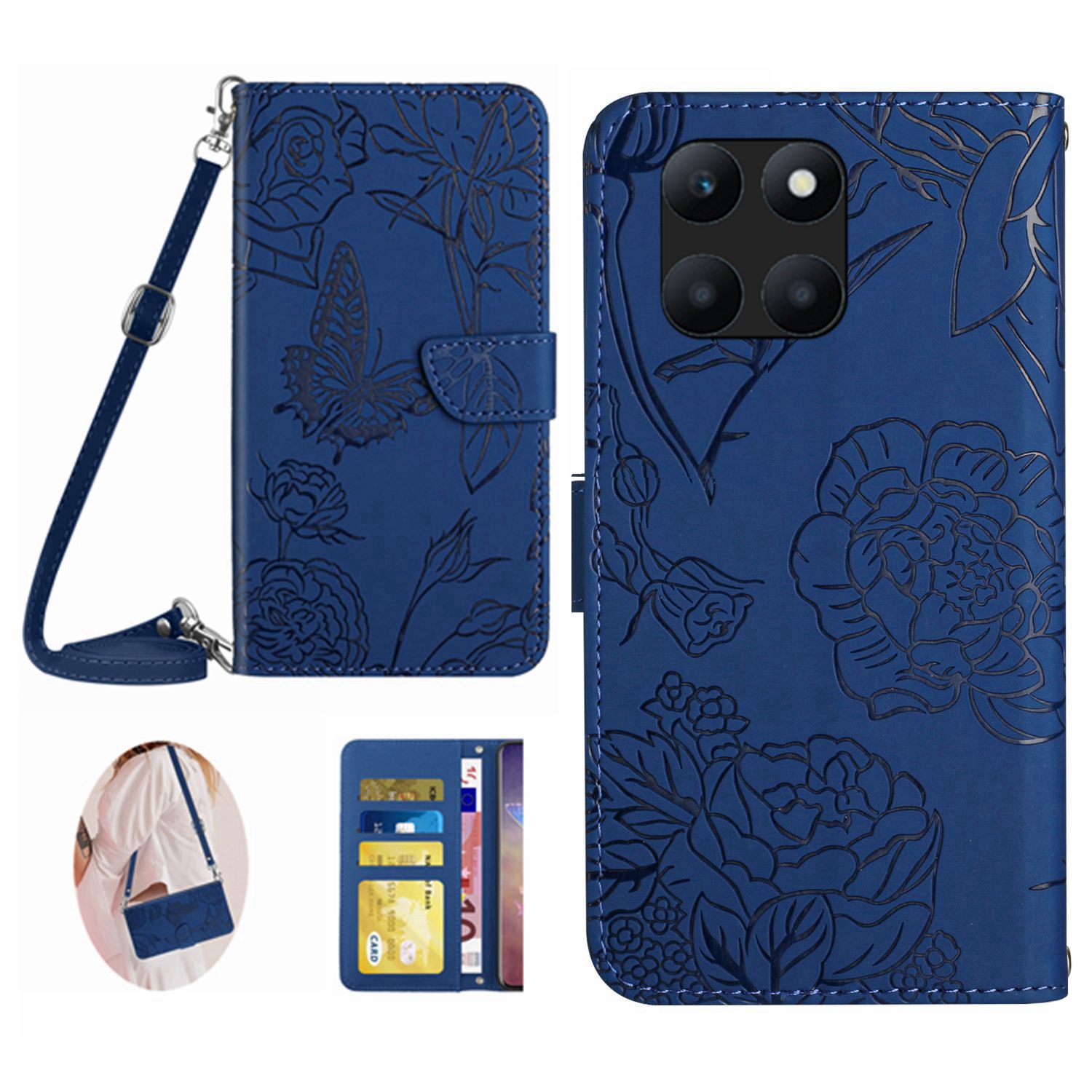 

HT03 Für Ehren X6a 4G Blume Geprinktes PU Leder -deckungs -brieftasche Telefonhülle Mit Schultergurt - Blau, Honor X6a 4G