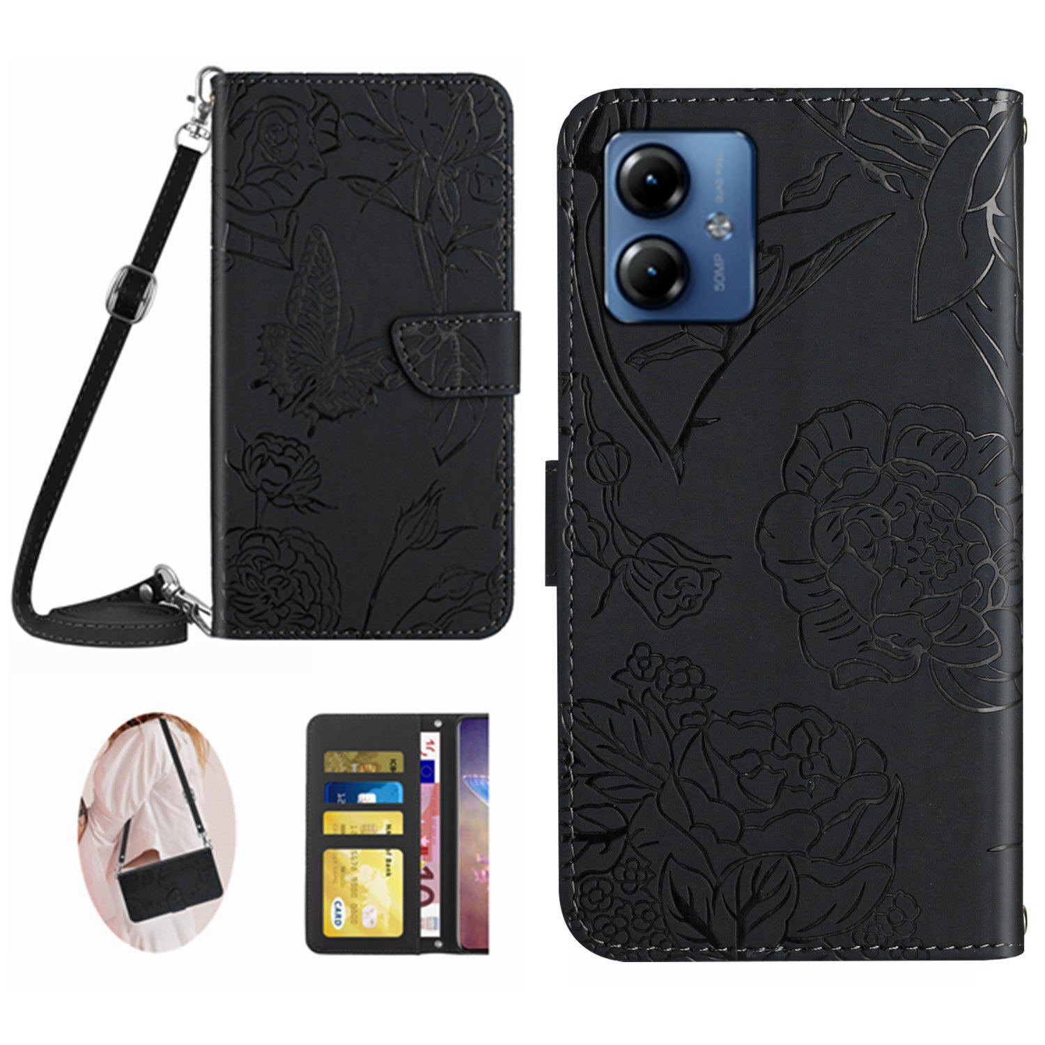 

HT03 Für Motorola Moto G54 5G Telefon Hülle Brieftasche Blume Geprägte PU -lederständer Mit Schultergurt - Schwarz, Motorola Moto G54 5G
