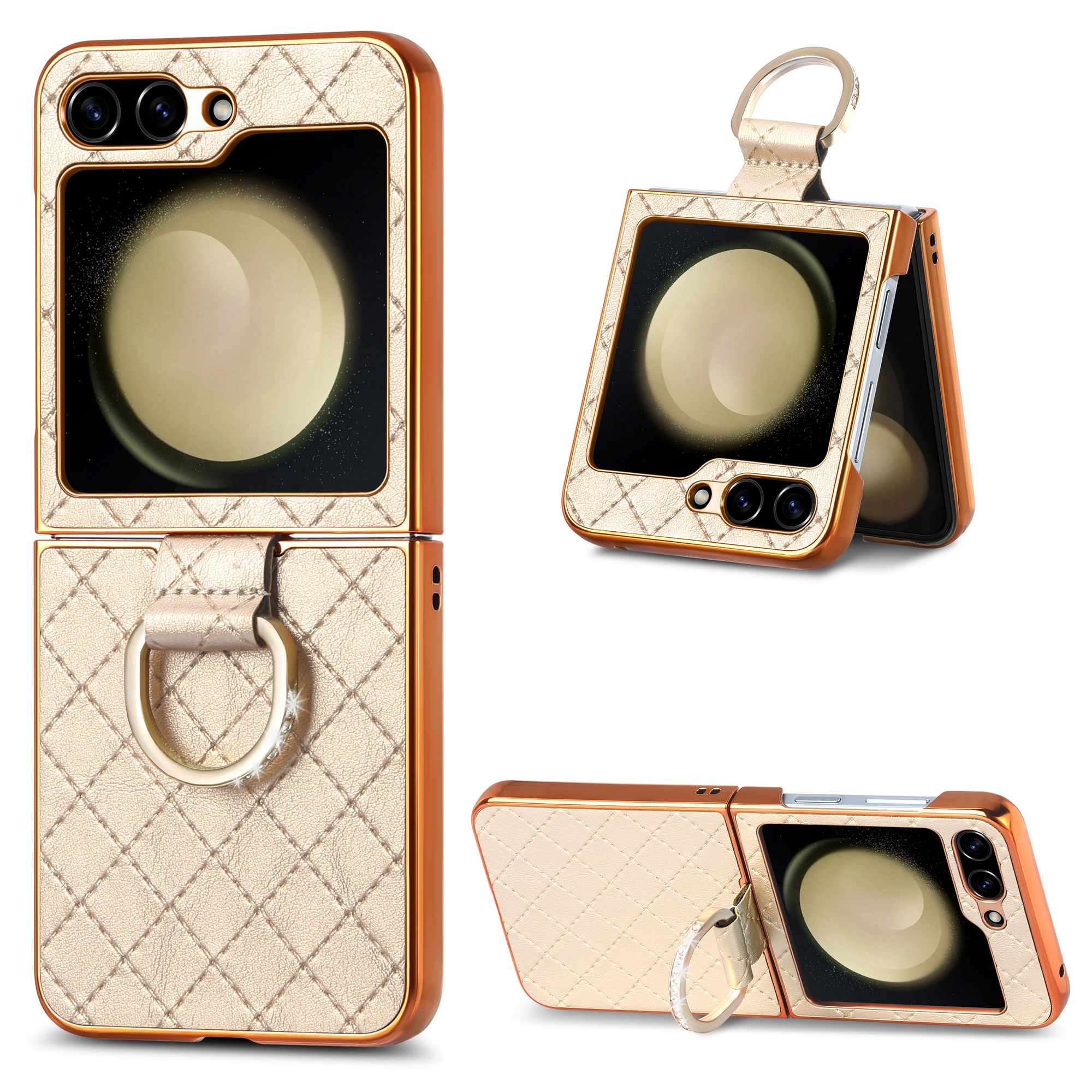 

Für Samsung Galaxy Z Flip5 5G Electroplating Phone Case Rhombus Imponed PU+PC Strass Dekoration Kickstand Cover - Gold, Galaxy Z Flip5 5G