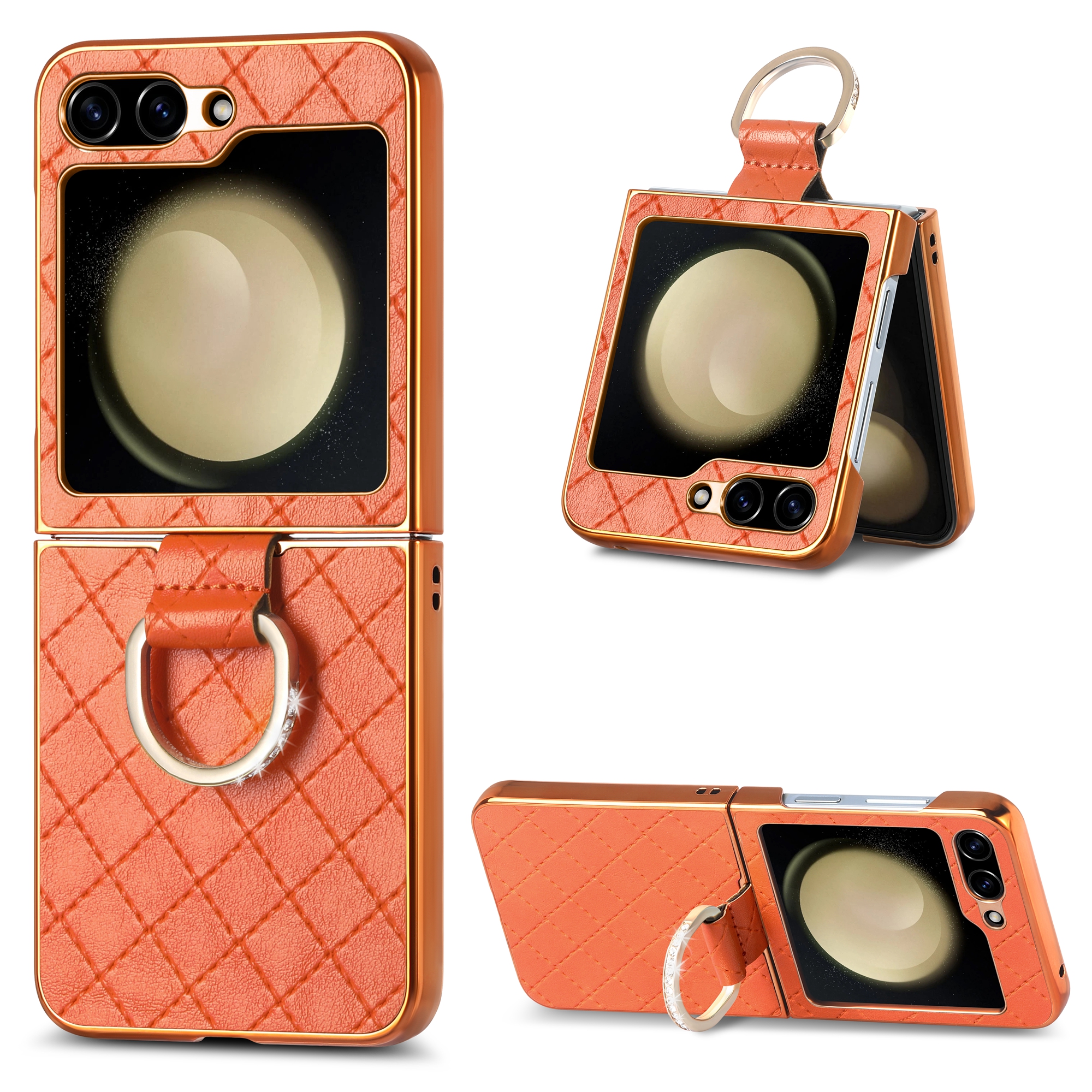 

Für Samsung Galaxy Z Flip5 5G Electroplating Phone Case Rhombus Imponed PU+PC Strass Dekoration Kickstand Cover - Orange, Galaxy Z Flip5 5G