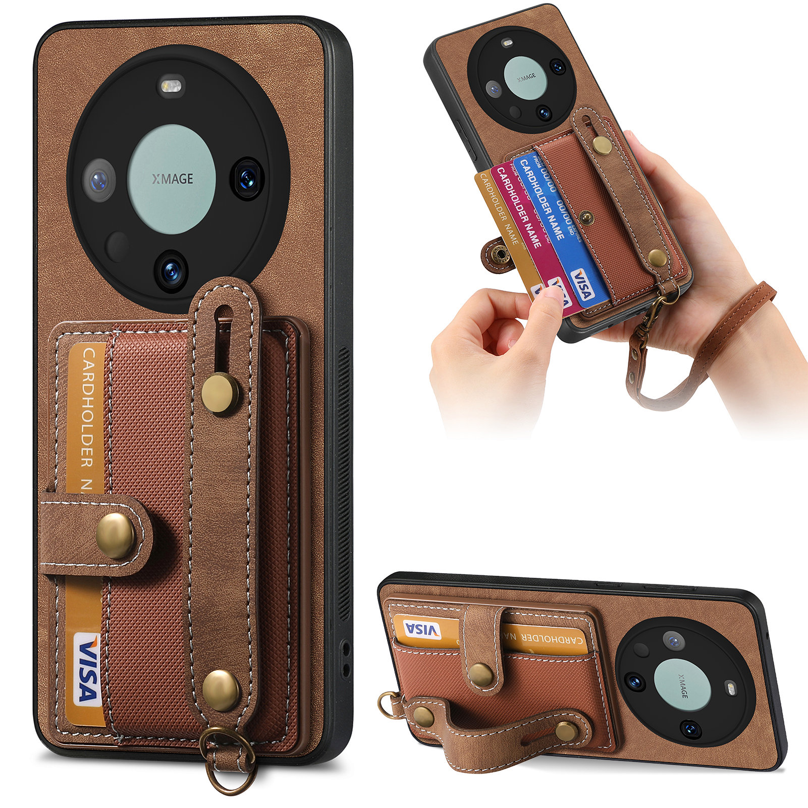 

D9 Kickstand-koffer Für Huawei Mate 60 Pro Anti-Drop Cross Textur Pu+tpu+pc-telefonabdeckung Mit Kartenhalter, Riemen - Braun, Huawei Mate 60 Pro