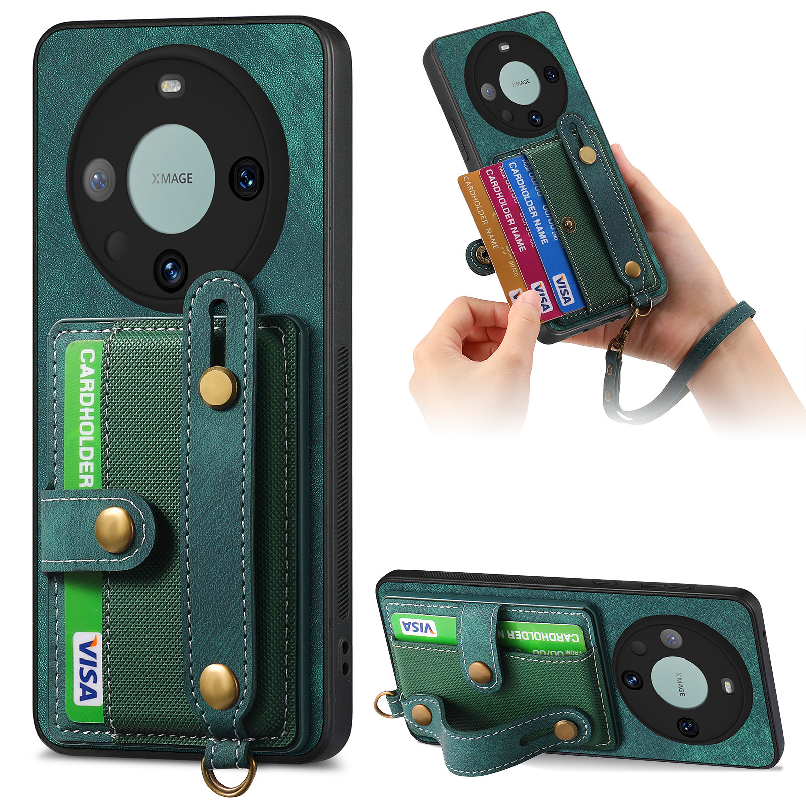 

D9 Kickstand-koffer Für Huawei Mate 60 Pro Anti-Drop Cross Textur Pu+tpu+pc-telefonabdeckung Mit Kartenhalter, Riemen - Grün, Huawei Mate 60 Pro