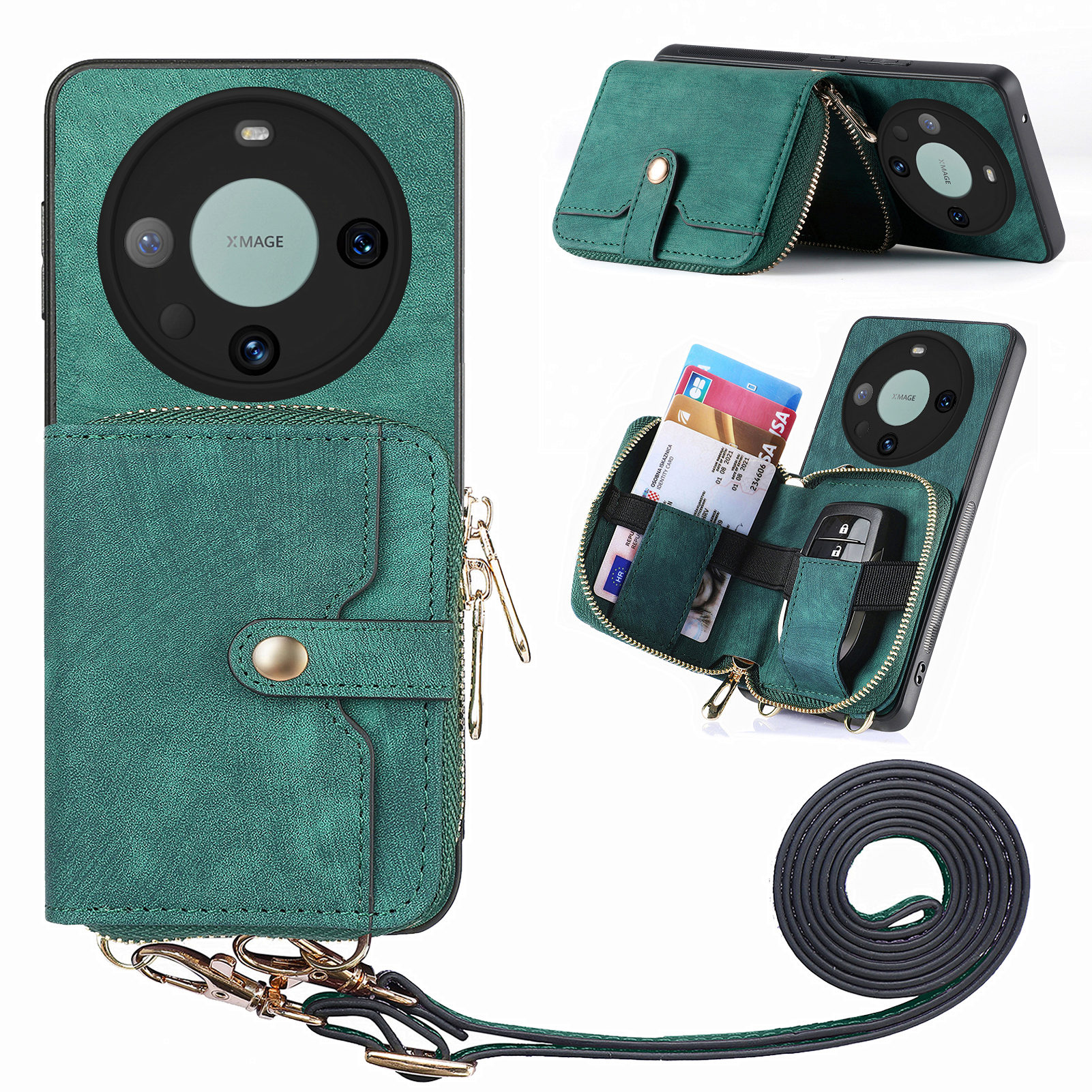 

D3 Reißverschluss Brieftaschenhülle Für Huawei Mate 60 Pro PU+PC+TPU Kickstand Cover Mit Lanyard - Grün, Huawei Mate 60 Pro