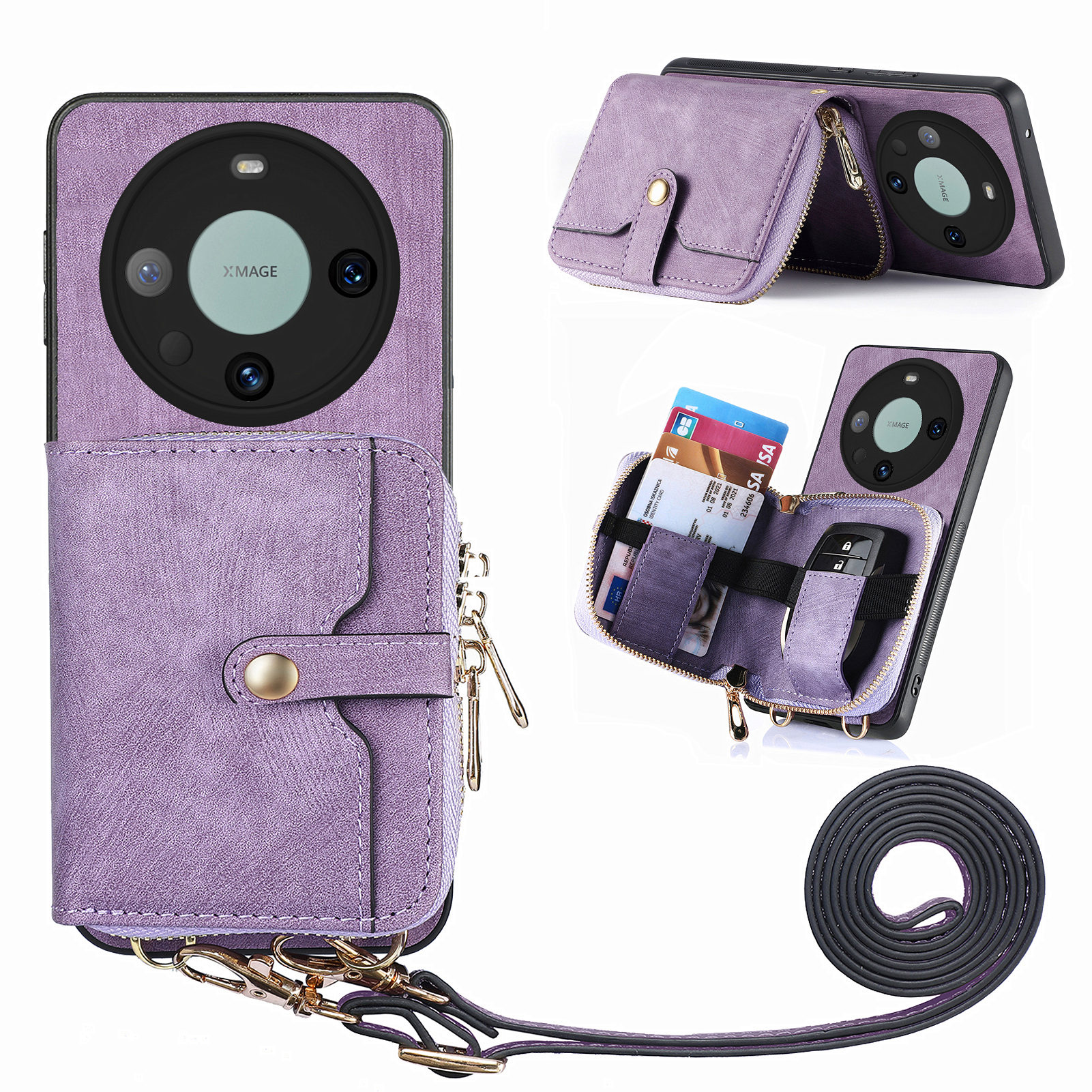 

D3 Reißverschluss Brieftaschenhülle Für Huawei Mate 60 Pro PU+PC+TPU Kickstand Cover Mit Lanyard - Lila, Huawei Mate 60 Pro