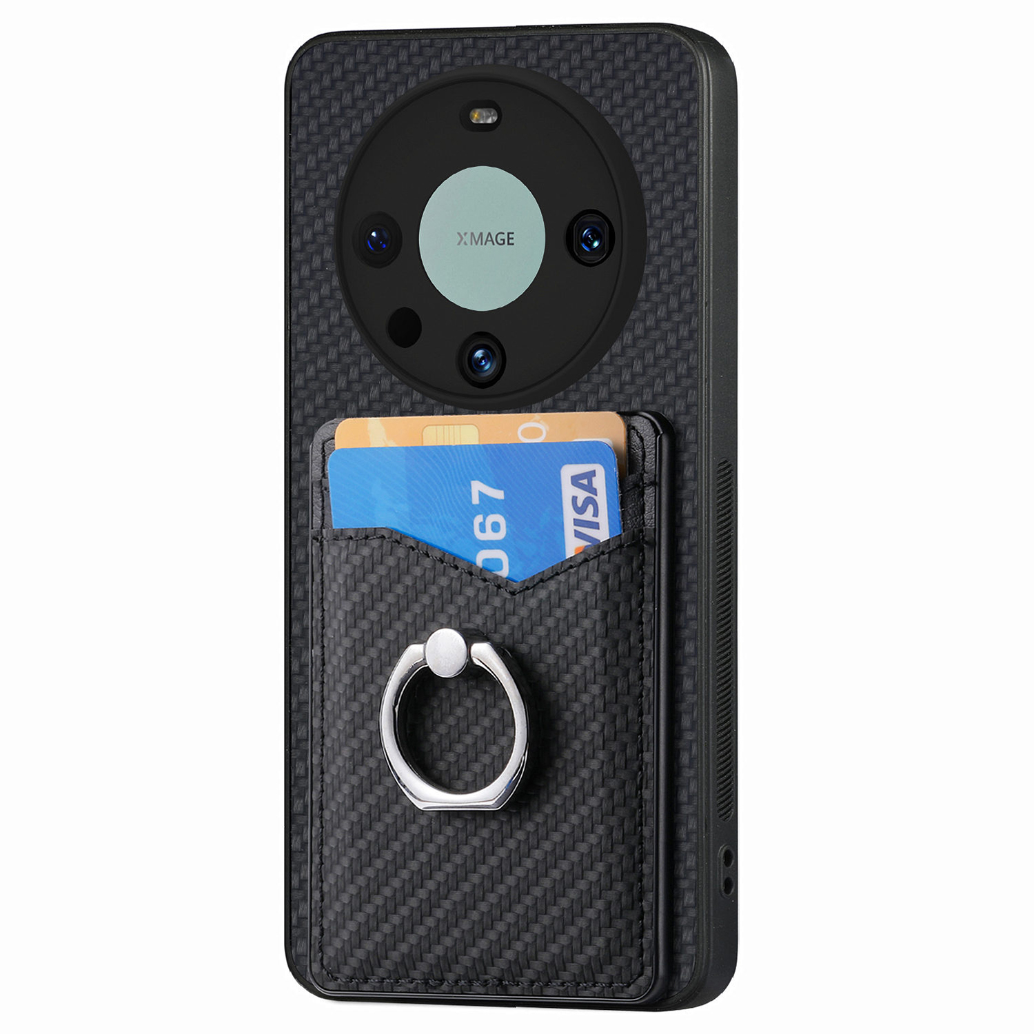 

Ring Kickstand -koffer Für Huawei Mate 60 Pro Carbonfaser Textur PU+TPU+PC -telefonabdeckung Mit Kartenhalter - Schwarz, Huawei Mate 60 Pro