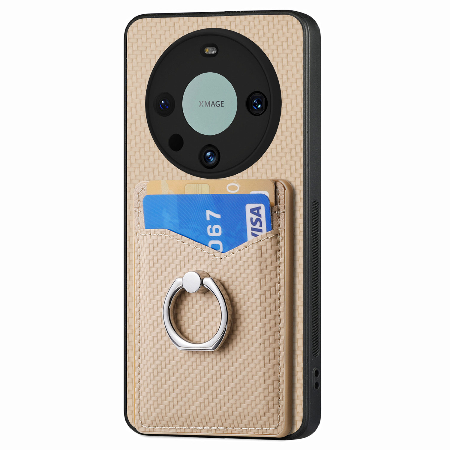 

Ring Kickstand -koffer Für Huawei Mate 60 Pro Carbonfaser Textur PU+TPU+PC -telefonabdeckung Mit Kartenhalter - Aprikose, Huawei Mate 60 Pro