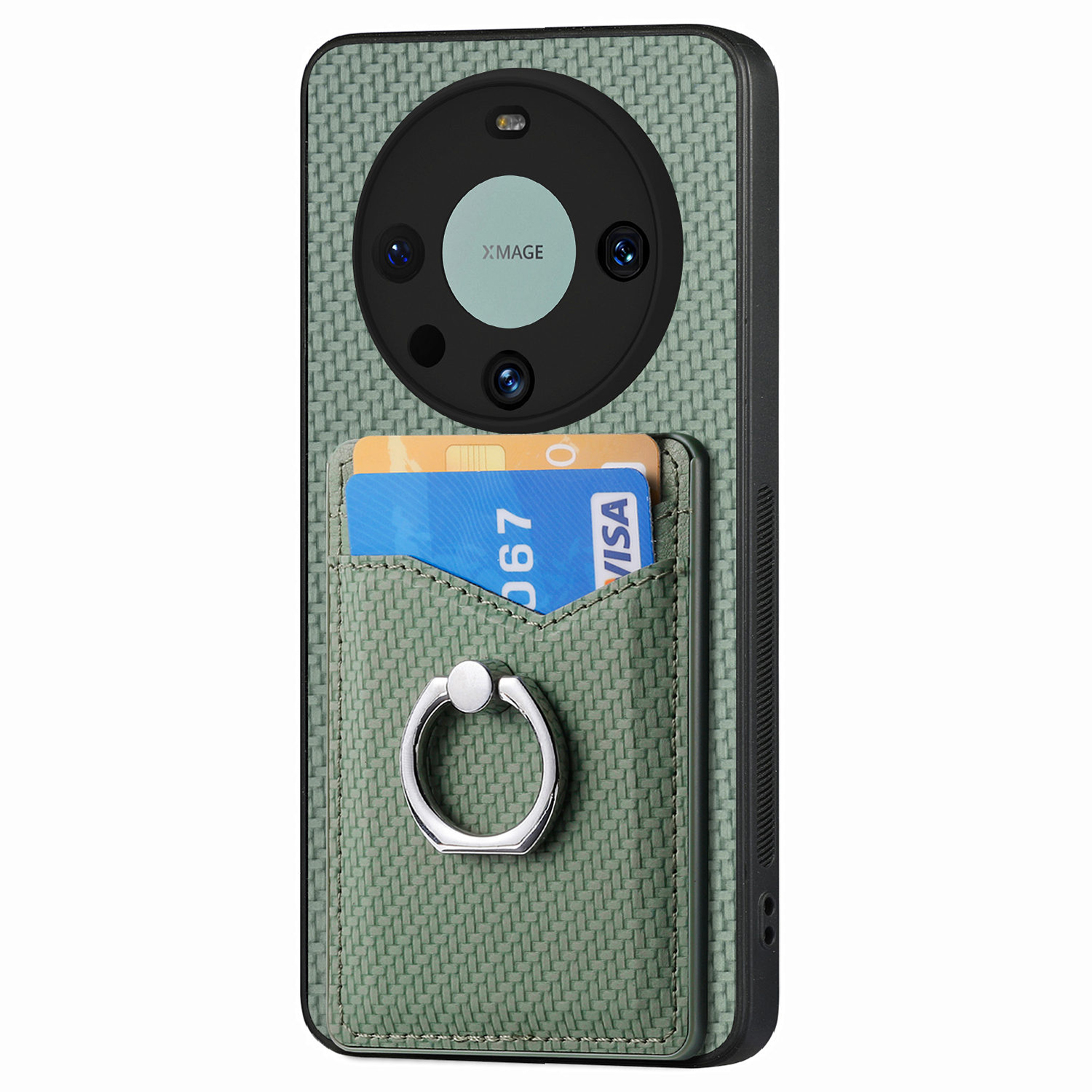 

Ring Kickstand -koffer Für Huawei Mate 60 Pro Carbonfaser Textur PU+TPU+PC -telefonabdeckung Mit Kartenhalter - Grün, Huawei Mate 60 Pro
