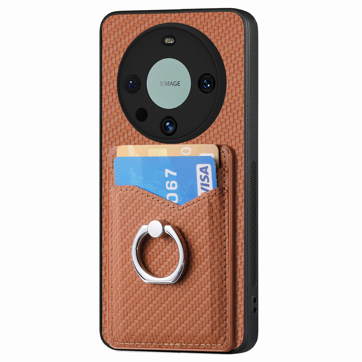 

Ring Kickstand -koffer Für Huawei Mate 60 Pro Carbonfaser Textur PU+TPU+PC -telefonabdeckung Mit Kartenhalter - Braun, Huawei Mate 60 Pro