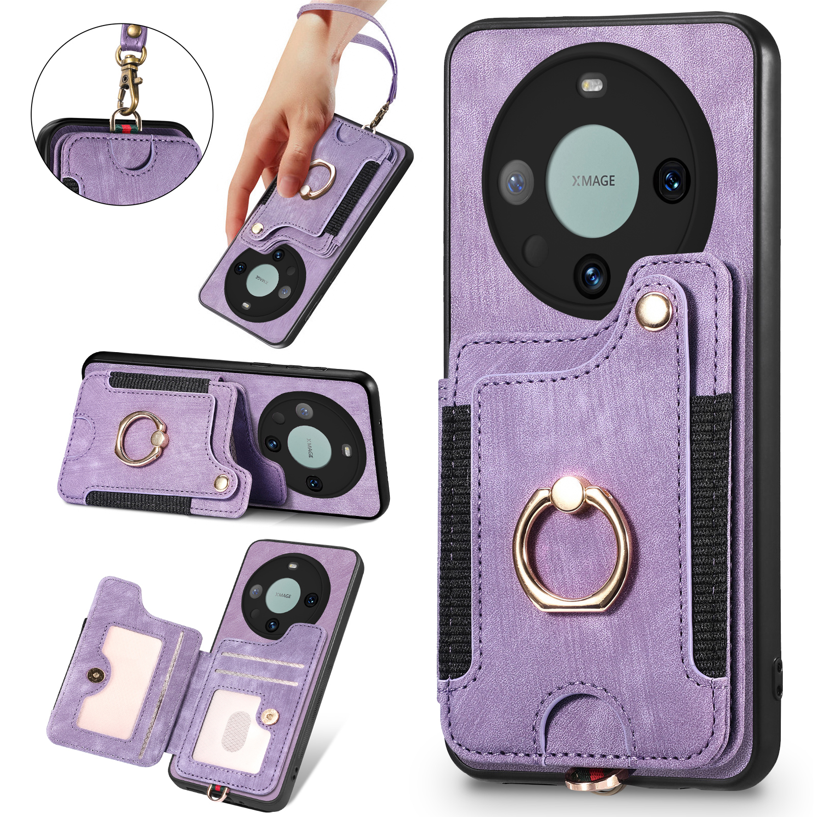 

RFID -blockierungshülle Für Huawei Mate 60 Pro Kickstand -kartenhalter PU+PC+TPU -abdeckung Mit Handgurt - Lila, Huawei Mate 60 Pro