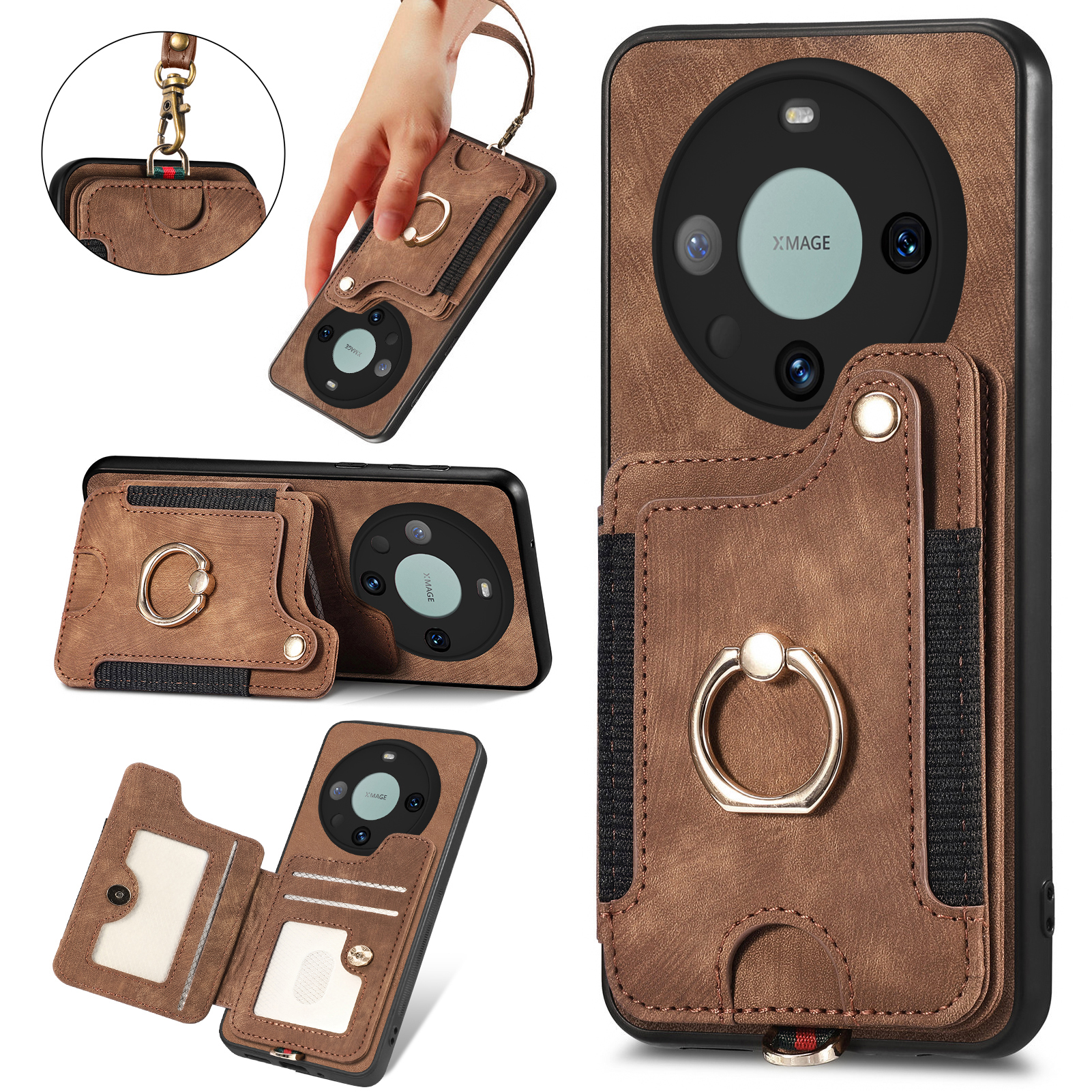 

RFID -blockierungshülle Für Huawei Mate 60 Pro Kickstand -kartenhalter PU+PC+TPU -abdeckung Mit Handgurt - Braun, Huawei Mate 60 Pro