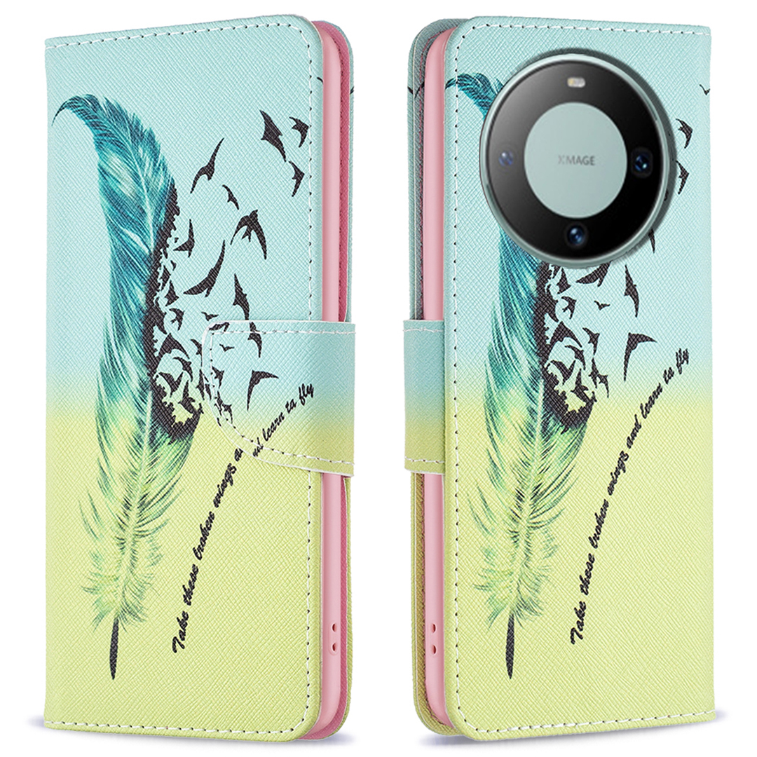 

PU Leder -telefonhülle Für Huawei Mate 60, Ständer Brieftaschenmusterdruckabdeckung - Feder Und Vögel, Huawei Mate 60