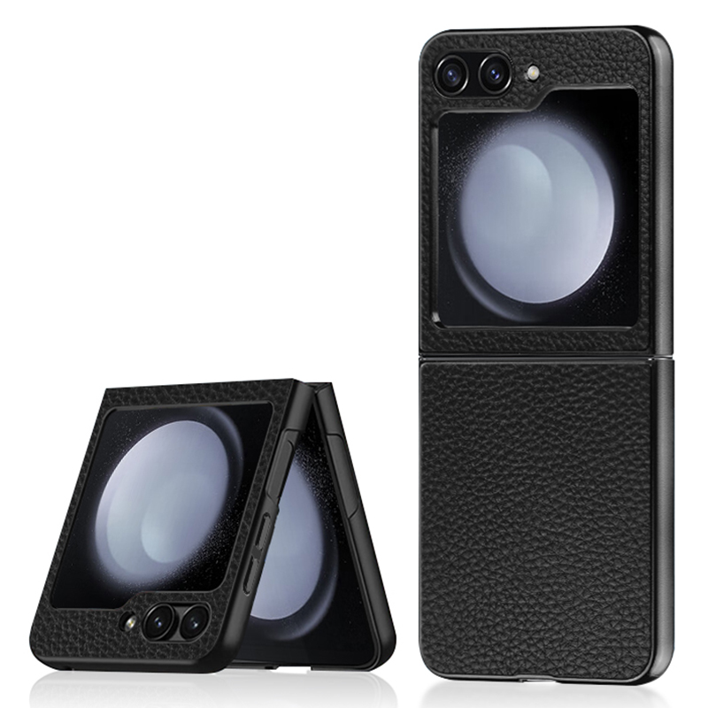 

Für Samsung Galaxy Z Flip5 5G Litchi Texture Phone Hülle Echte Kuhleder -leder -pc+tpu -rückseite - Schwarz, Galaxy Z Flip5 5G