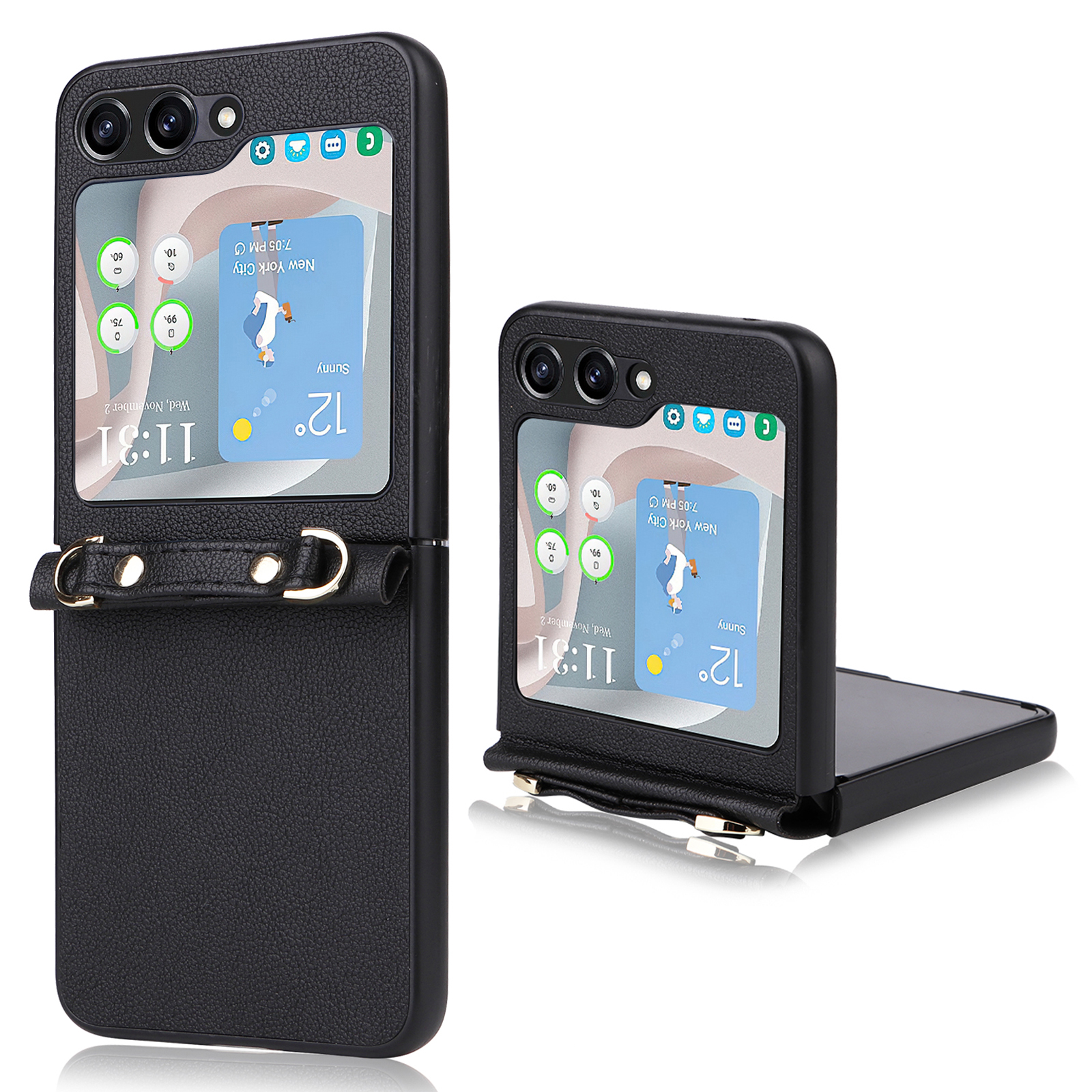 

Für Samsung Galaxy Z Flip5 5G Einteilig Ein Stück PU + PC Phone Hülle Mobiltelefon Schutzabdeckung Mit Langem Riemen - Schwarz, Galaxy Z Flip5 5G