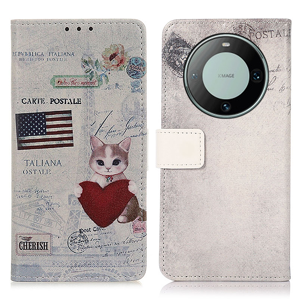 

Für Huawei Mate 60 Musterdruck Voll Eingewickelter PU Leder -telefonhülle Wallet Stand Cover - Katze Und Herz, Huawei Mate 60
