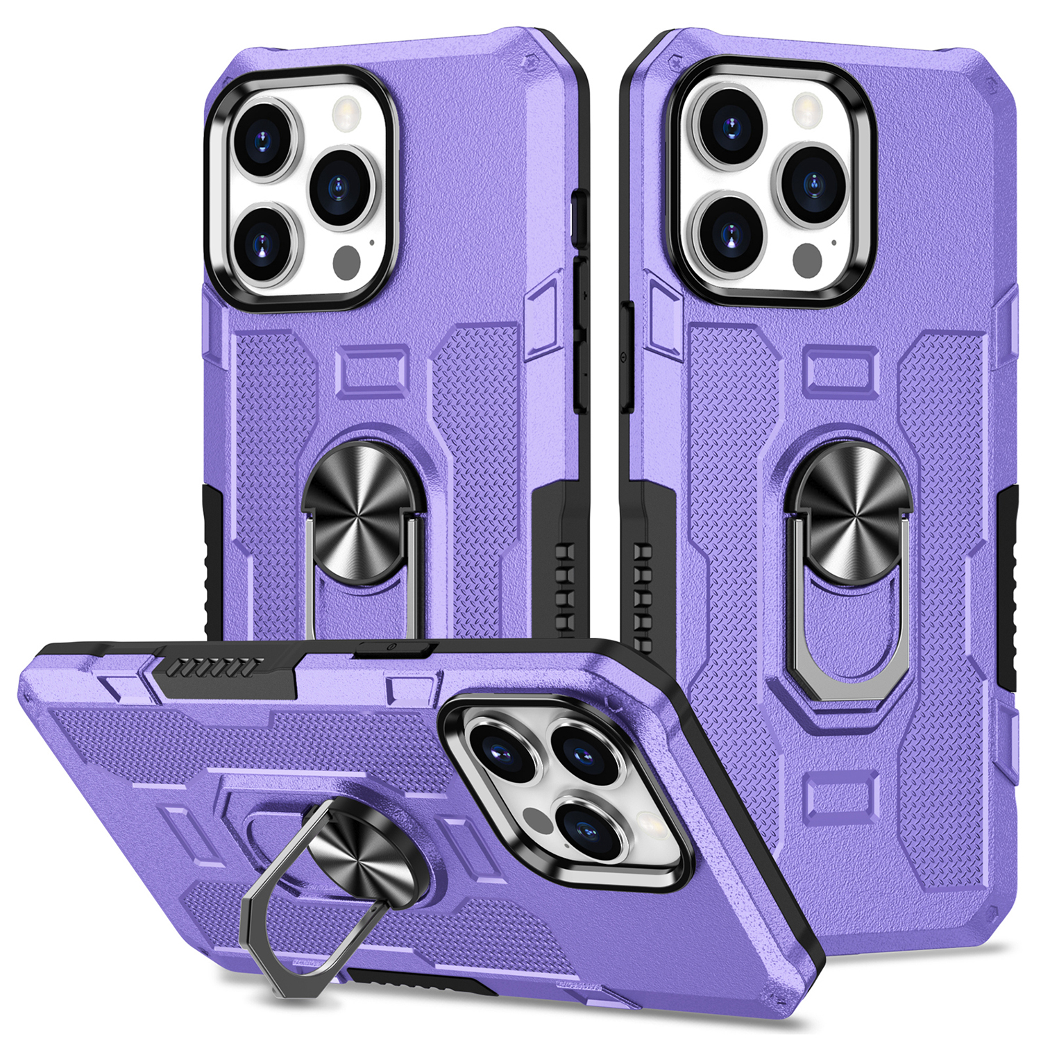 For iPhone 15 Pro Drop-proof Cell Phone Case PC+TPU Back Cover with Ring Kickstand - Purple